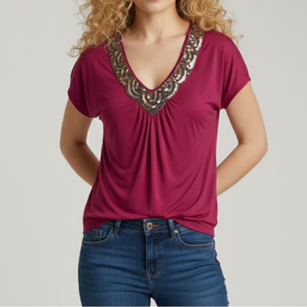 Apt. 9 Fuchsia Pink Sequin V-Neck Top Blouse Size L Pleated Front Festive